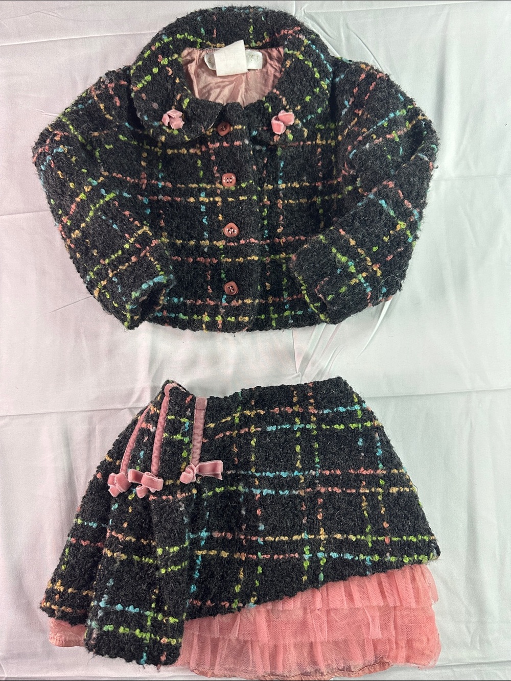 Biscotti Black Tweed Skirt and Jacket Set with Pink, Blue, Green Accents